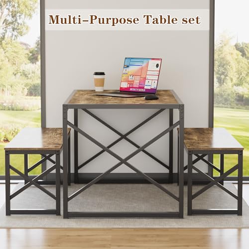 Image of VECELO 55 inch Kitchen Dining Table Set for 4, Heavy-Duty Steel Frame & Wood-Grain Tabletop, Space-Saving Dinette Sets with 2 Benches for Breakfast Nook and Small Space, Grey