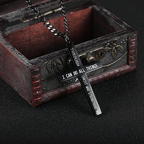 Aiainagi American Flag Cross Necklace Patriotic Jewelry Stainless Steel Engraved Religious Philippians 4:13 Pendant Pendant Gift For Men（Black） #TOP4