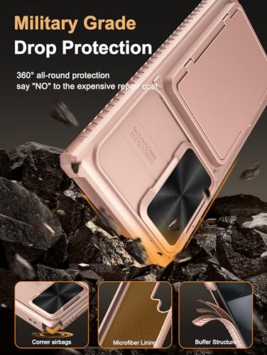 Image of Vihibii PC For Samsung Galaxy S24 Ultra Back Cover With Slide Camera Cover & Card Holder (4 Cards) & Kickstand, Hard Case For Galaxy S24 Ultra, Rose Gold