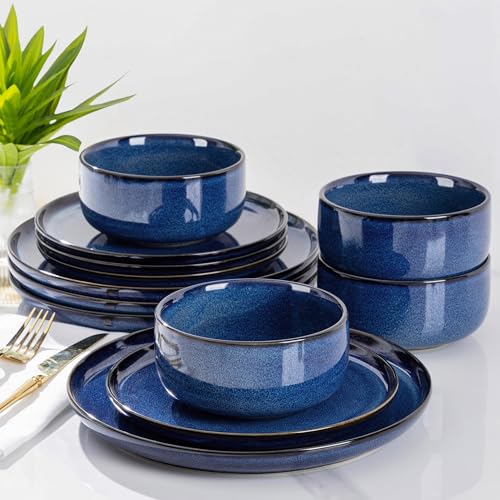 Image of TheTerra Ceramic Dinnerware Sets for 4, 12 Pieces Handmade Reactive Glaze Plates and Bowls Set, Scratch Resistant Dish Set, Oven & Microwave & Dishwasher Safe, Blue