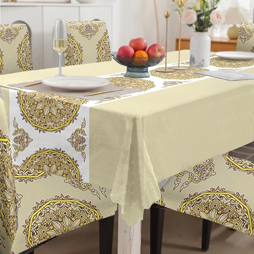 Image of Amazon Basics Dining Table Cover with 6 Chair Covers|Table Cover: 100% Polyester Woven Fabric 140 GSM, 220Cm X 140Cm|Chair Cover: 95% Polyester & 5% Spandex 110 GSM, 50Cm X 40Cm|Beige, Rectangular