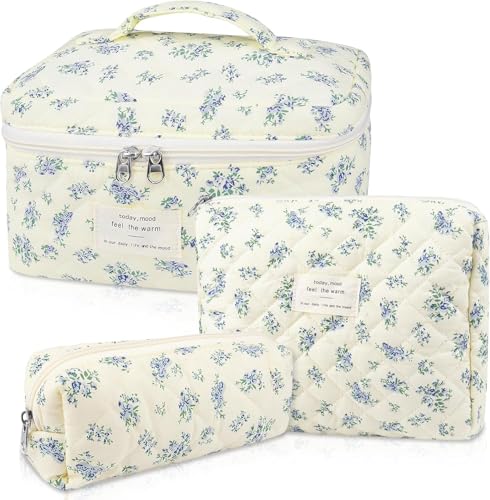 Image of Lyrovo Makeup Organizer Cosmetic Bag Quilted Large Floral Make Up Organize Set for Women Flower Travel Toiletry Bag (Green-White)
