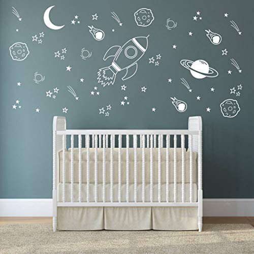 Image of Space Wall Decal for Nursery, Outer Space Decor, Rocket Ship, Boy Room Decor, Planets for Baby Boys Nursery A37 (White)