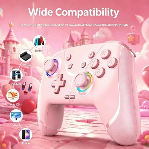 Image of Switch Controller, Wireless Pro Controller for Nintendo Switch 2 /Switch /Lite /OLED, Bluetooth controllers Compatible with iPhone /Mac /iPad /iOS /Android /Phone /PC /Steam and TV with Programming /RGB4 /Vibration / 3 Turbo Modes /6-Axis /Motion (Pink)