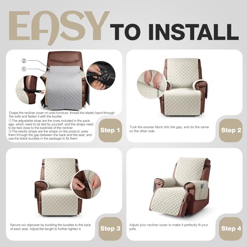 Image of KinCam 100% Waterproof Recliner Chair Cover, Reclining Couch Covers for Pets, Dogs, Recliner Couch Slipcover Furniture Protector with Elastic Straps for Kids(23.6 inch, Ivory)