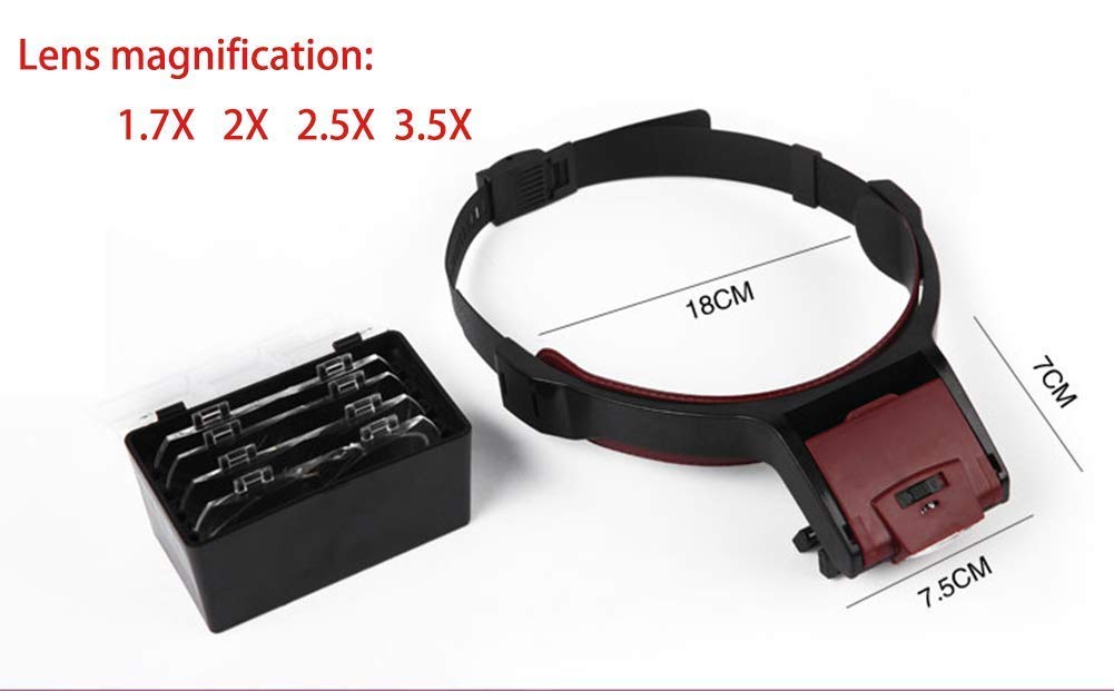 Stirnlupe mit 2 LEDs, verstellbarer Kopfumfang, Lesebrille, Freisprecheinrichtung zum Befestigen am Kopf, Juwelierlupe / Uhrmacher, 4 austauschbare Linsen.