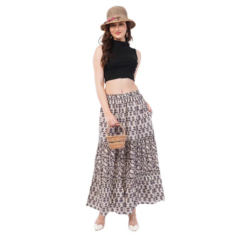 Women's Pure Cotton Printed Tiered Maxi Skirt | High Rise Elastic Waist | A-Line Flared Long Bottomwear | Casual, Travel, Vacation-picture-33