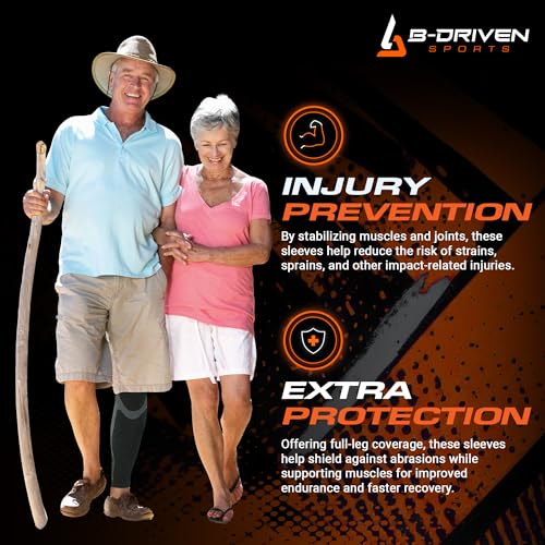B-Driven Sports Full Leg Compression Sleeves, Graduated Compression 20-30mmHg, Thigh to Ankle, Medical Grade, Calf, Knee, Varicose Veins, Running, Sports, Men & Women - 1 Pair4