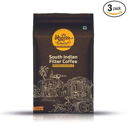 Mysore Concerns | Brindavan Bold | South Indian Filter Coffee | 20% Premium Chicory | Freshly Roasted | Ground Coffee (250g)- Pack of 3