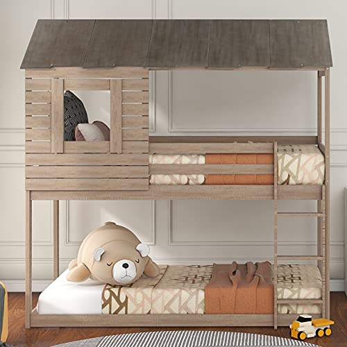 MERITLINE House Bed Bunk Beds Twin Over Twin, Low Bunk Beds , Wood Twin Bunk Bed with Roof and Guardrail, Toddler Bunk Beds for Kids, Teens, Girls, Boys ,No Box Spring Needed, Antique Gray