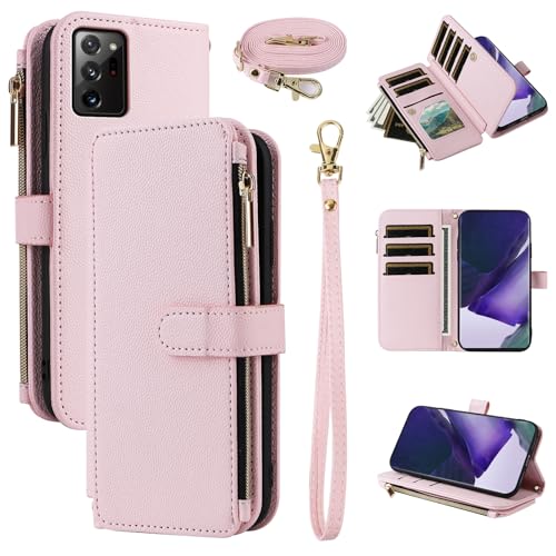 Furiet Wallet Case for Samsung Galaxy Note 20 Ultra 5G with 10+ Card Holder PU Leather Stand Zipper Purse Shockproof Phone Cover for Note20 Plus Notes 20Ultra Note20+ U + 20+ Twenty Not S20 Pink