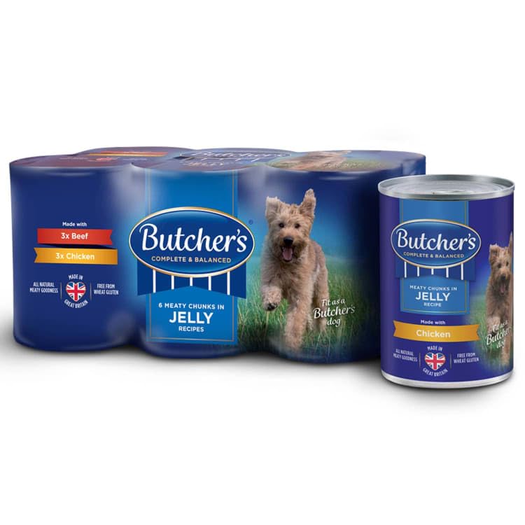 Butcher's Chunks in Jelly Give your dog a healthy diet by feeding Includes: 2 x Game & Chicken 2 x Beef & Liver 2 x Chicken & Beef 6pk