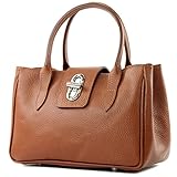 modamoda de - TL03 - ital Kleine Tragetasche aus Leder, Farbe:Glattleder Cognac