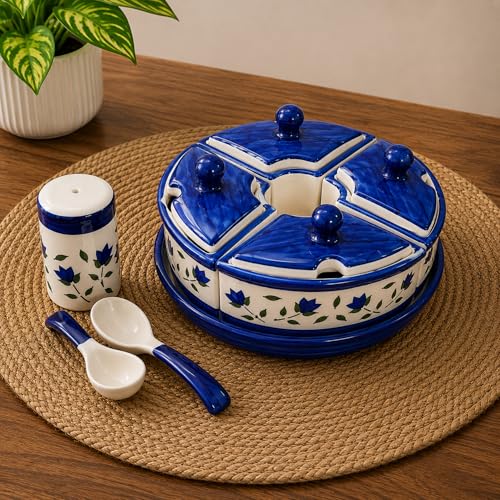 Image of Niyara Multipurpose Storage Ceramic Pickle set Jars with Lid & tray & spoon & Salt Dispenser (Set of 5, 300 ML) (Blue Floral)