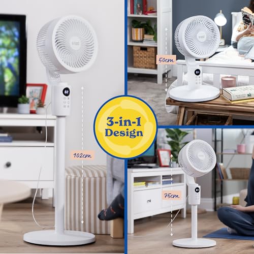 Russell Hobbs 3 in 1 Pedestal & Desktop Circulator Fan with 3 Modes & 16 Speed Settings, Adjustable Height, Oscillating, Electric Cooling, 1.8m Power Cord 9hr Timer Remote Control White RHPCF1001