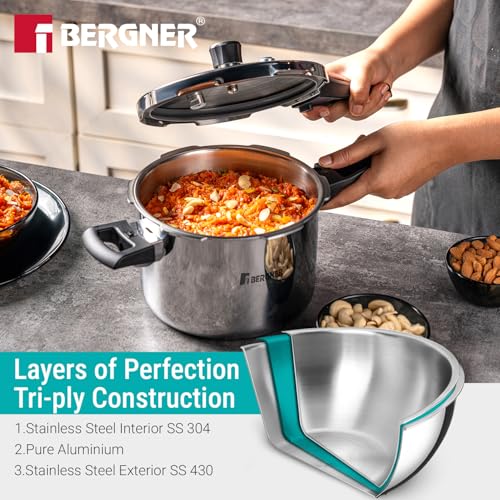 Image of Bergner Argent Classic Triply Stainless Steel 1.5 Liters Outer Lid Pressure Cooker, Mini Baby Cooker with Resettable Safety Valve, Sturdy Handle, Easy to Use and Clean - Induction and Gas Stove Ready