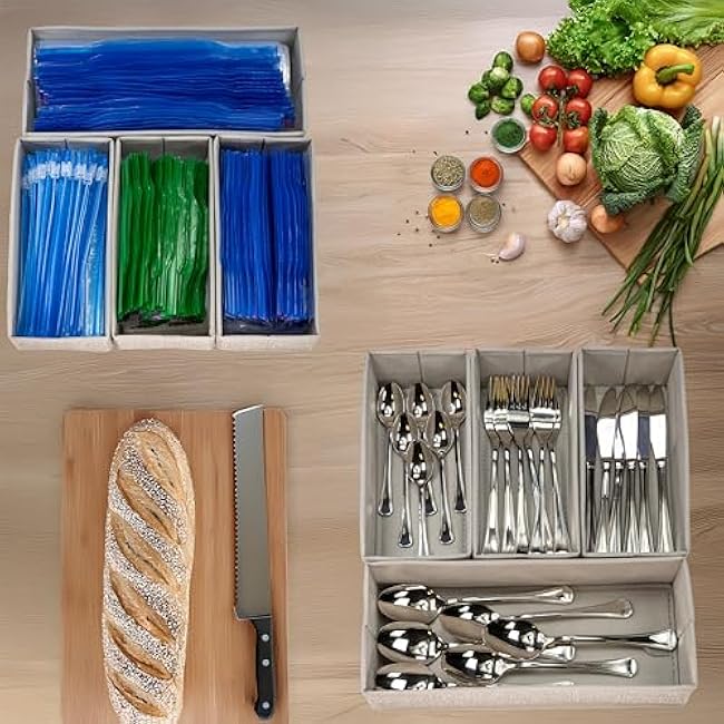 Kitchen Drawer Organizer ¨C Set of 4 Rigid Fabric Bins ¨C Fits Gallon, Quart, Sandwich & Snack Bags ¨C Also Great for Utensils & Silverware