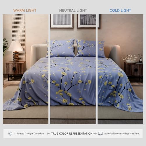 Image of BLISSHOME SoftTouch 140TC Cotton King Size Printed Bedsheet with 2 Pillow Covers for Double Bed, Silky Smooth Bedding Set, Breathable, Easy Maintain, Floral Print - Lavender, Yellow