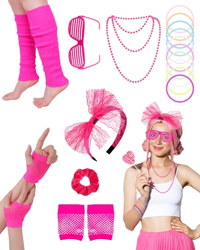 80s 90s Outfit Costume Accessories for Women, 80s Party Lace Headband Necklace Accessory Sets for Pink Halloween Masquerade Retro Party