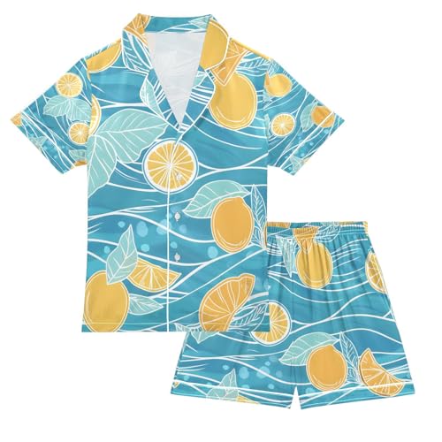 senya Mint and Lemon Satin Summer Pajama Sets Silk Short Sleeve Button Down Sleepwear