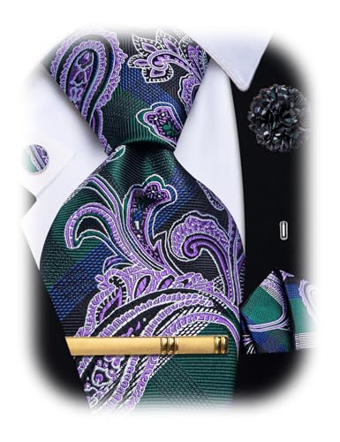 Image of YourTies Silk Paisley Floral Tie and Pocket Square Cufflinks with Lapel Pin Sets for Men 5PC Wedding Party