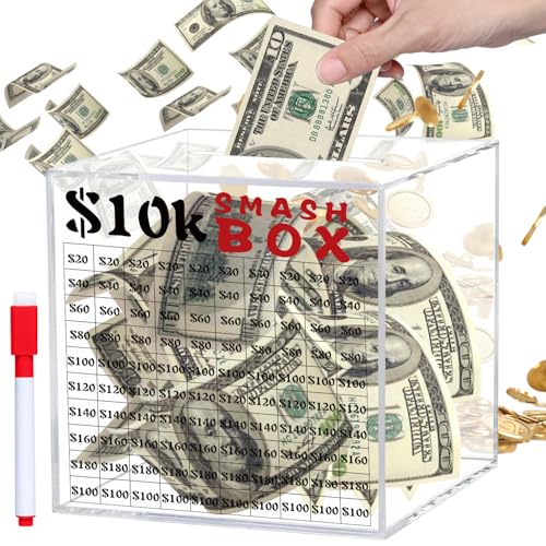 10k Smash Box for Money, Unbreakable Piggy Bank for Adults Save $10,000 Money Saving Challenge Box, Clear Acrylic Saver Box for Cash Must Break to Open (4.72 Inch)