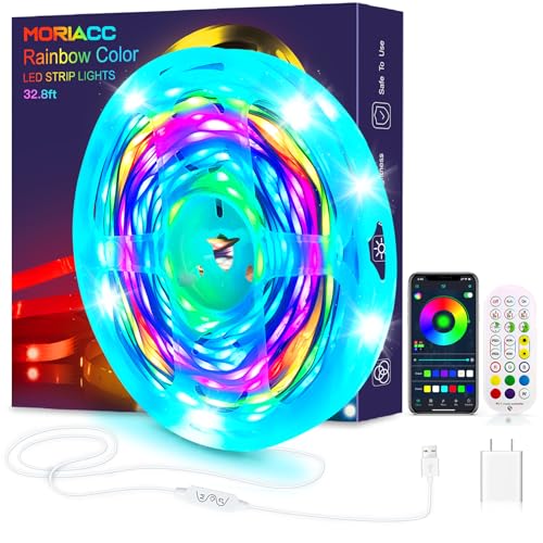 MORIACC LED Strip Lights 32.8ft, Rainbow Color Changing LED Lights for Bedroom, Music Sync LED Light Strips with Remote APP Control, Room Decor LED Lights for Room, Kitchen, Birthday, Party, Christmas