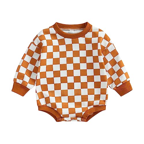Image of Karuedoo Baby Boy Girl Checkered Sweatshirt Romper Oversized Long Sleeve Bubble Romper Top Neutral Baby Fall Clothes