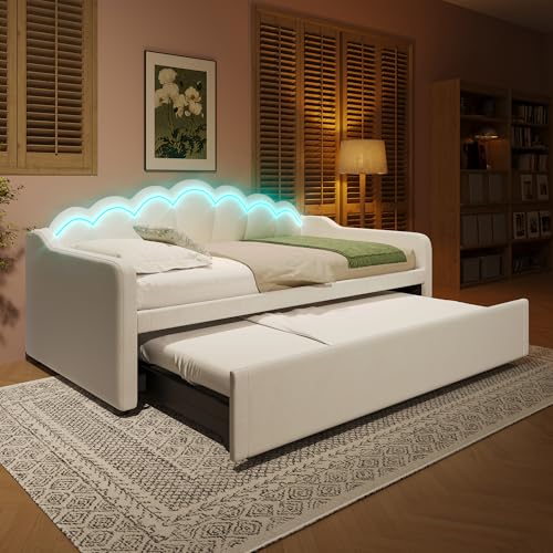 YuQozii Cama de día con cama nido, sofá cama, cama individual (sin colchón), cama doble, terciopelo, tira LED que cambia de color, 90 x 200 cm (180 x 200 cm) (beige)