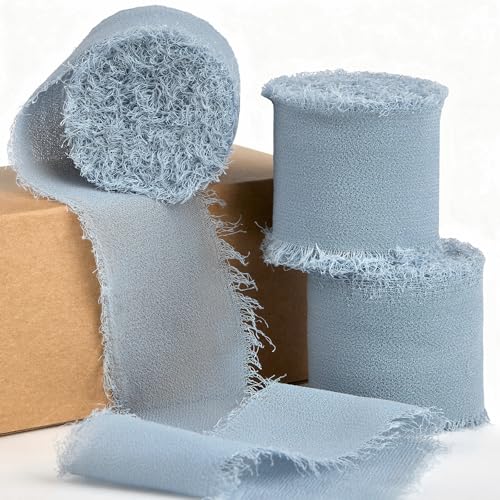 Dusty Blue Chiffon Ribbon 1.5 Inch x 21 Yards Handmade Fringe Chiffon Silk Ribbon for Gift Wrapping Wedding Invitations Bridal Bouquets Crafts Home Decor