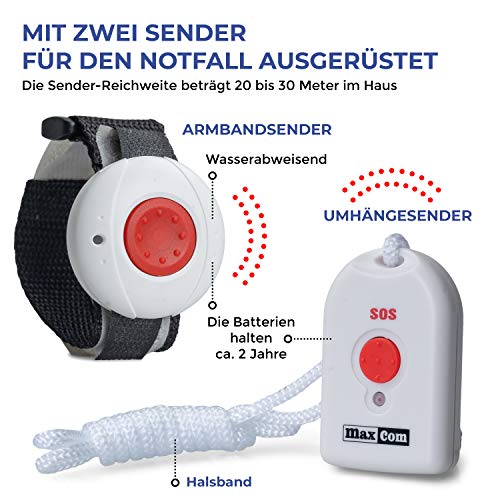 Maxcom KXTSOS: Seniorentelefon, schnurgebundenes Festnetztelefon mit 2 Armband- und 2 Umhängesender, großen Tasten, Adapterstecker