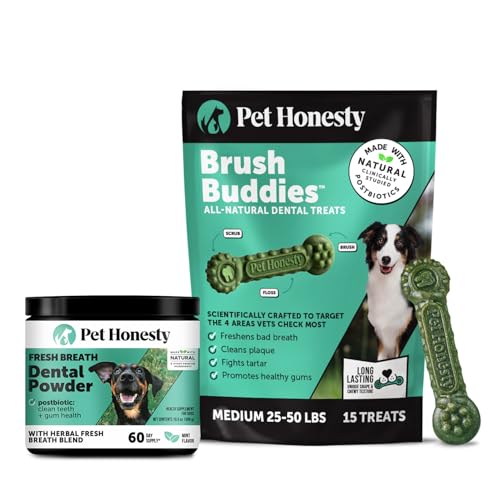 Image of Pet Honesty Dog Dental Care Virtual Bundle - Breath Freshener Dental Powder for Large Dogs (60 Servings) + Brush Buddies Dental Sticks for Medium Dogs (15 Ct) - Teeth Cleaning, Plaque & Breath Support