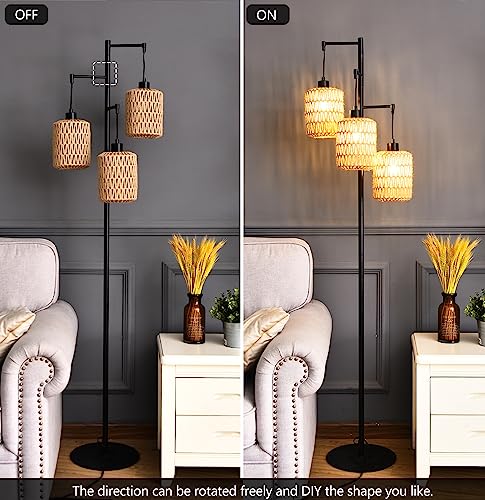 Qiyizm Floor Lamp For Living Room,Bedroom,3-Lights Boho Rattan Tree Floor Lights,Industrial Black Farmhouse Standing Lamp Wicker Rustic Tall Lamp,Woven Bamboo Lampshade Floor Lamps Bohemian thumb #1