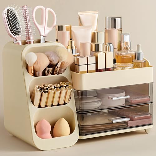 Image of HBlife Makeup Organizer with Brush Holder for Vanity, Large Plastic Bathroom Countertop Organizer Skin Care Storage, Easy to Store Lipsticks, Nail Polishes, Perfumes, Eyeshadow Palettes, Beige