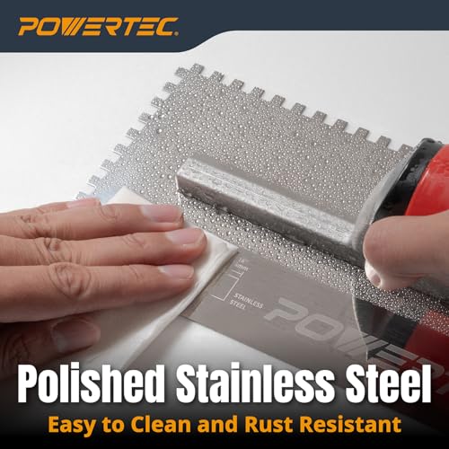 Image of POWERTEC Square Notch Trowel - 3 /16 inch x 3 /16 inch Stainless Steel Square-Notch Tile Trowel with Soft Grip Handle for Thinset Mortar, Mastic & Tile Installation Work (72206)