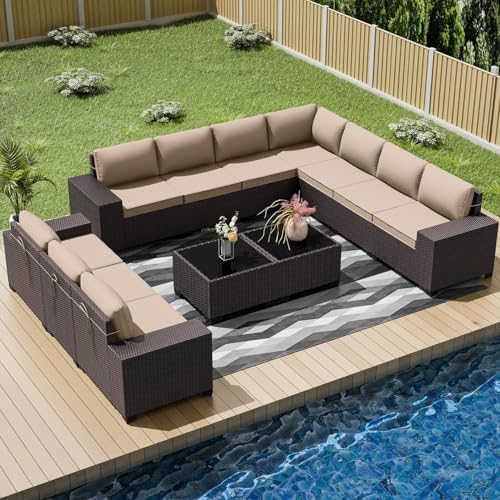 Image of 12 PCS Outdoor Patio Furniture Set,Outdoor Sectional Furniture All Weather PE Rattan Wicker Patio Conversation Set with 2 Coffee Tables and 10 Thickened Cushions,Sand
