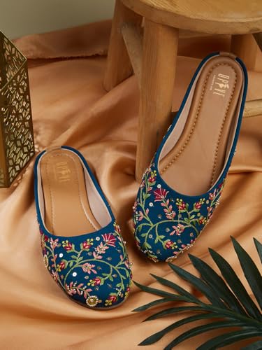 Image of OPIVE's Mehandi Women's Mojari Jutti Ethnic Punjabi Juttis Traditional Flat Embroidered Canvas Fancy Bellies Comfortable Sole for Womens & Girls