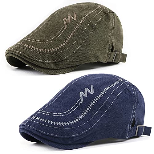 Lot de 2 chapeaux Newsboy pour homme - Casquette plate irlandaise ajustée - Chapeau rétro Gatsby les années 1920 - Chapeau de chasse, Bleu foncé + vert kaki, Taille unique Cover