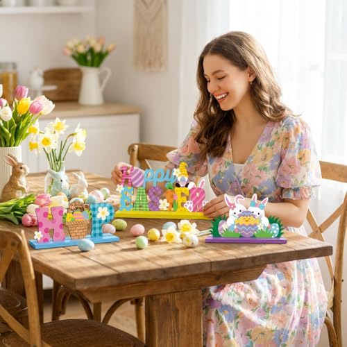 3 Pcs Easter Decorations, Wooden Easter Table Decorations, Happy Easter Table Signs with Bunny Eggs for Mantel Shelf Entryway Table Indoor Home Decor — view 4