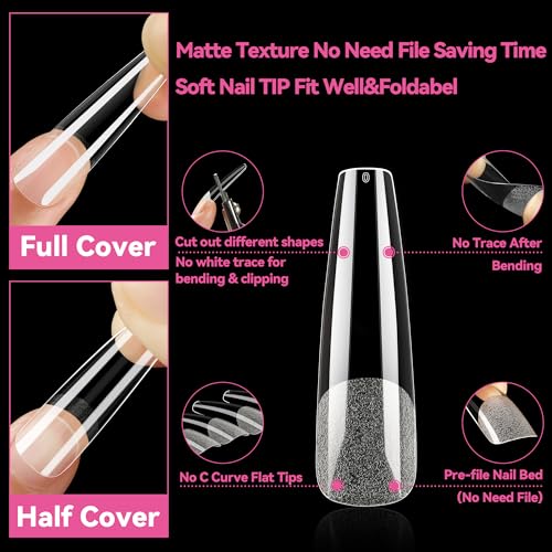 Image of UNA GELLA Extra Long Coffin Nail Tips XXL Soft Gel Nail Tips 216pcs Coffin Pre-shape Press On Nails No C Curve Full Cover Ballerina Nail Tip Clear Fake Nail for Acrylic Nail Soak Off DIY Salon 12Sizes