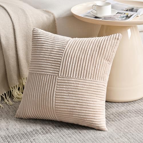 Image of Fancy Homi 2 Packs Tan Decorative Throw Pillow Covers 20x20 Inch for Living Room Couch Bed Sofa, Farmhouse Boho Home Decor, Soft Corss Corduroy Patchwork Accent Square Beige Cushion Case 50x50 cm