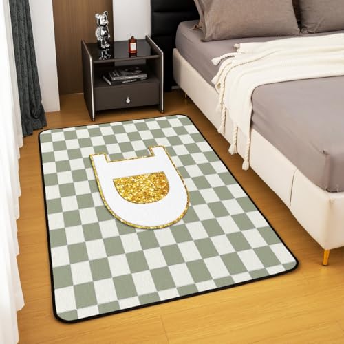 Image of Erosebridal Sage Green Checkered Area Rug 5x7 Plaid Initial D Living Room Rug Non Slip Personalized Monogram Carpet for Bedroom Kitchen Fashion Grids Gingham Indoor Floor Mat Non Slip