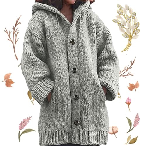 2024 Premium Button Down Hooded Knitted Cardigan, Cable Knit Chunky Tops Warm Winter Coats with Pockets for Christmas