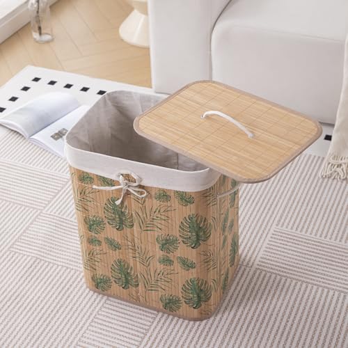 Image of HOKIPO Eco-Friendly Foldable Bamboo Laundry Basket Hamper with Lid, Large - 60 Liter, Tropical Leaves (AR-5751), Multi