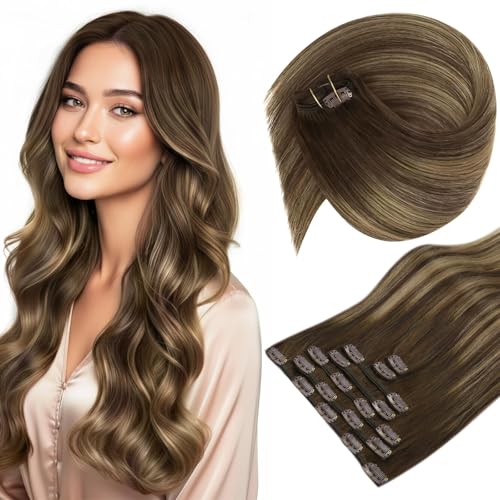Image of Sunny Hair Clip in Hair Extensions Real Human Hair Brown Balayage | 20 Inch Remy Hair Extensions Clip in Brown Balayage Caramel Blonde Create Natural Everyday Hair with Instant Length 120g