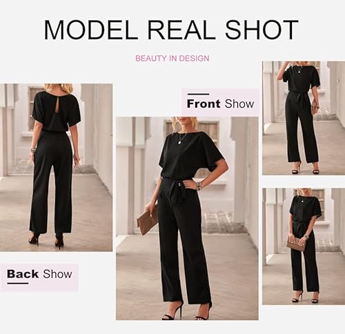 Asyoly Black Jumpsuits For Women Summer Batwing Sleeve Crew Neck Casual Long Pants Loose Wide Leg Rompers Large #TOP3