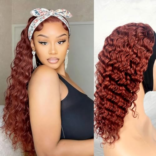 Image of XSY Headband Wig Human Hair Deep Wave Reddish Brown None Lace Front Wig 33# Red Brown Brazilian Virgin Hair Glueless Wear and Go Curly Headband Wigs for Black Women 24 Inch