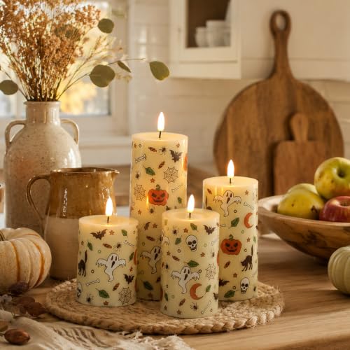Image of Lezonic Ivory Flameless Candles with Remote, LED Battery Operated Flickering with Timer, 4 Pack Glossy Wax Drips Design Real Wax Pillar for Halloween Decor, Centerpiece, Birthday Gifts (4 /5 /6 /8 Inch)