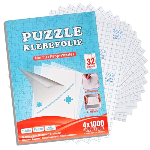 Faburo Puzzle lámina adhesiva, 32 unidades Super Puzzlekleber para 4 x 1000 piezas, 8 x 500 piezas, 20 x 29 cm, lámina adhesiva transparente para niños y adultos, rompecabezas adhesivo transparente