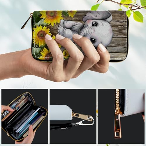 Women's RFID Blocking Wallet PU Leather Slim Bifold Wristlet Clutch with Large Capacity,16 Card Slots & Zipper Coin Purse Pocket Ladies Travel Purse Wristlet,Wooden Sunflowers Elephant4